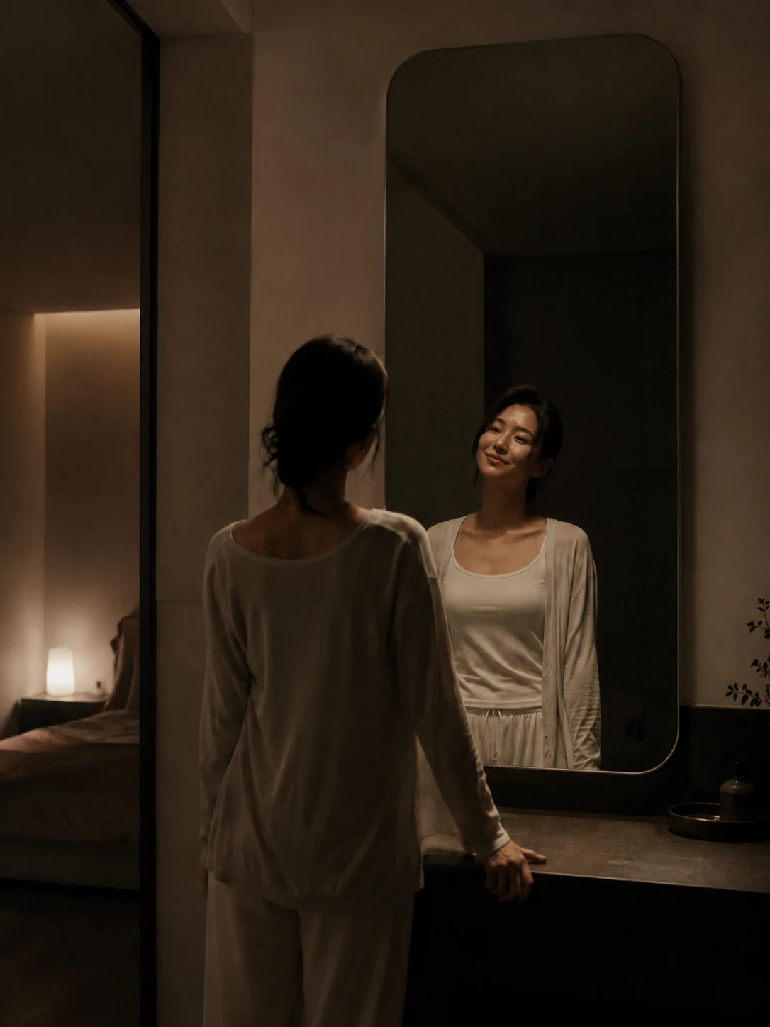 저녁 조명 아래 거울과 사람