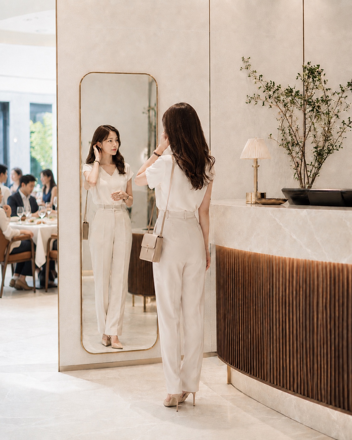 밝은 공간의 전신거울 앞에 선 장면