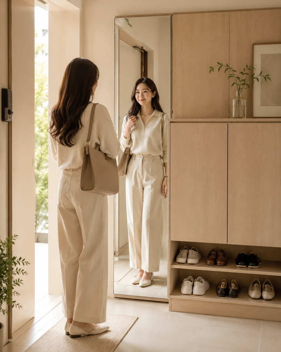 현관 전신거울 앞에서 외출을 준비하는 장면