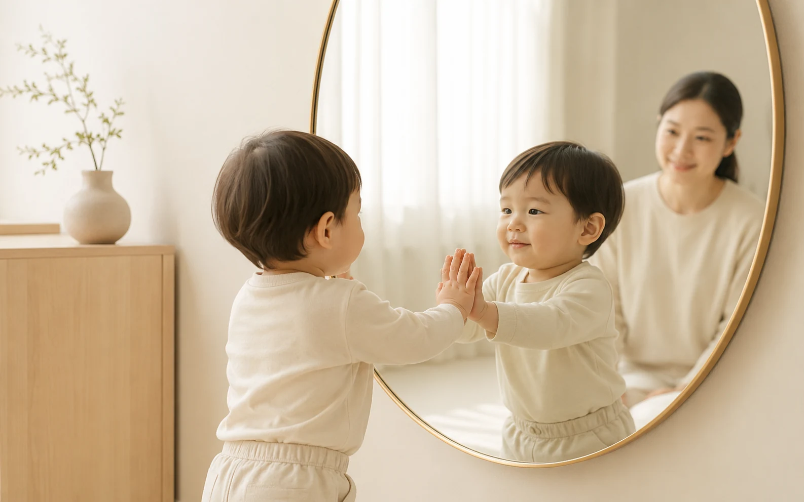 아이가 거울을 만지는 장면